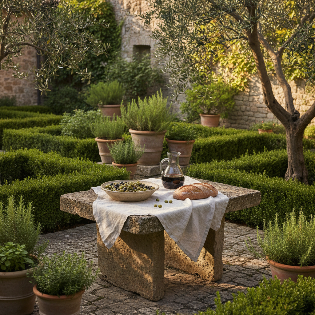A tranquil courtyard garden centered around a low stone table holding a simple ceramic bowl of fresh olives, a carafe of deep red wine, and a single loaf of rustic bread on a linen cloth, symbolizing modest yet satisfying pleasures. Lush greenery surrounds the space, with manicured hedges, terracotta pots overflowing with herbs, and a distant view of ivy-covered stone walls. Golden hour sunlight filters through overhanging branches, creating dappled patterns on the table and soft rim lighting around the objects. Photographic realism, captured from a slightly elevated angle with balanced composition and moderate depth of field, evoking a sophisticated, serene atmosphere of measured abundance and Epicurean contentment.