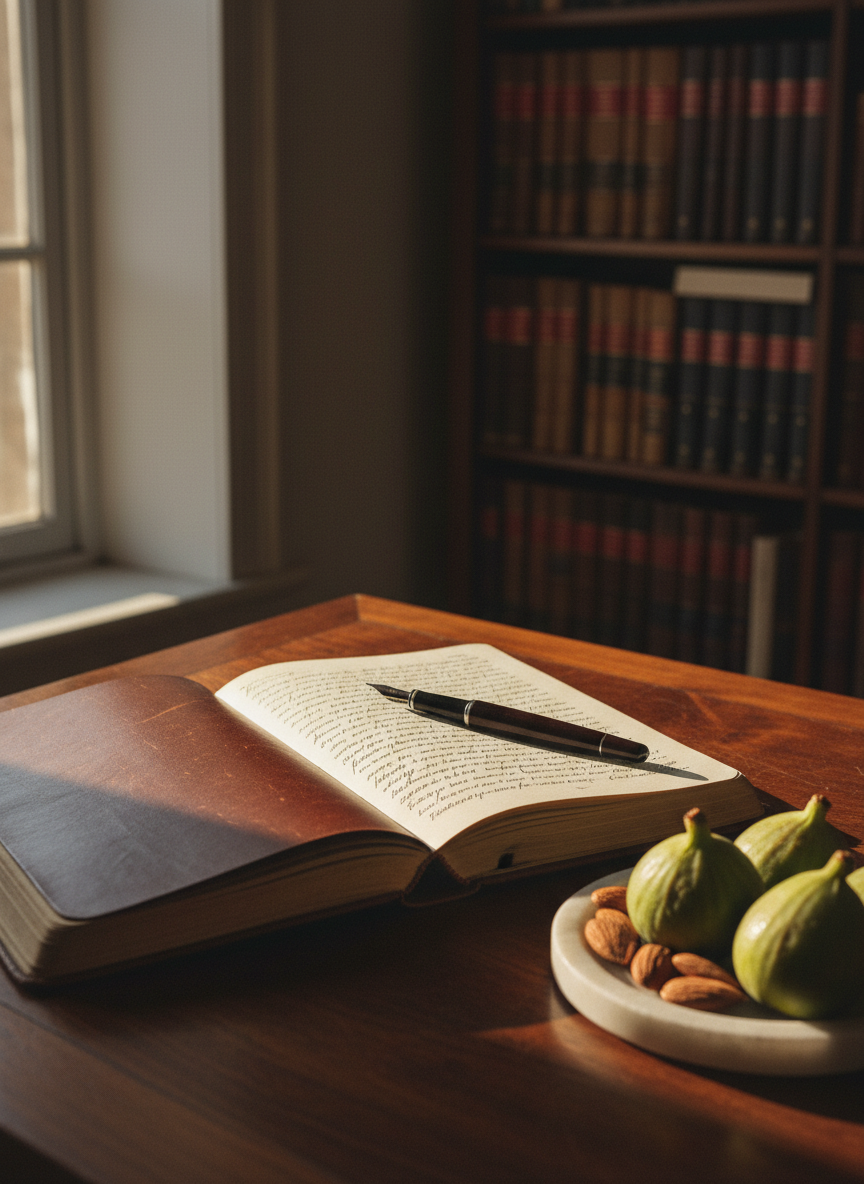 A meticulously arranged still life of an Epicurean writing desk, featuring a worn leather-bound notebook open to a page of neat handwritten reflections, a smooth dark-wood fountain pen resting diagonally across the margin, and a small marble dish filled with ripe green figs and almonds. The desk is an antique walnut surface positioned near a tall window, with soft late-afternoon natural light casting gentle, elongated shadows and subtle highlights on the paper’s texture. In the softly blurred background, classical philosophy books line a bookshelf. Photographic realism, shot at eye level with a shallow depth of field and rule-of-thirds composition, creating a serene, contemplative mood that suggests quiet study and the pursuit of a good, thoughtful life.