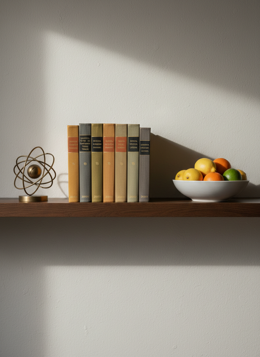 An elegant bookshelf vignette featuring a row of classic philosophy volumes in muted earth-tone covers, anchored by a small bronze sculpture of an atom to represent Epicurean physics, and a single white porcelain bowl filled with perfectly arranged citrus fruits. The shelf is crafted from dark-stained oak with a velvety matte finish, set against a pale, textured plaster wall. Soft, diffused morning light from an unseen window washes across the scene, creating gentle highlights on the metallic sculpture and subtle shadows under the books. Photographic realism, shot straight-on with sharp focus throughout and a clean, minimalist composition, conveying a sophisticated, contemplative mood that suggests balance between intellectual pursuit and simple sensory pleasures.